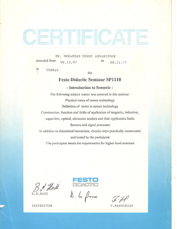  Certification دوره سنسوریک از شرکت Festo Didactic